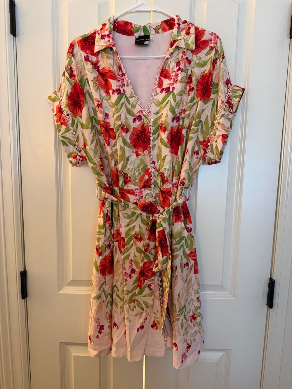 Maison Tara Pink Floral Button-Front Dress with Green Accents